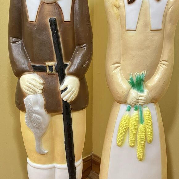 VTG Don Featherstone Blow Mold Pilgrim Couple Thanksgiving Light Up Man & Woman - Picture 7 of 16